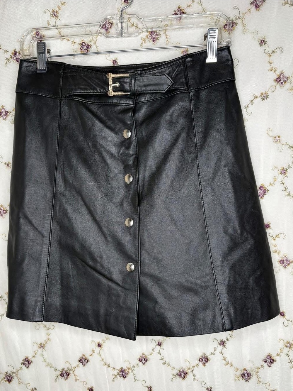 Classic Black Leather Button-Front Skirt